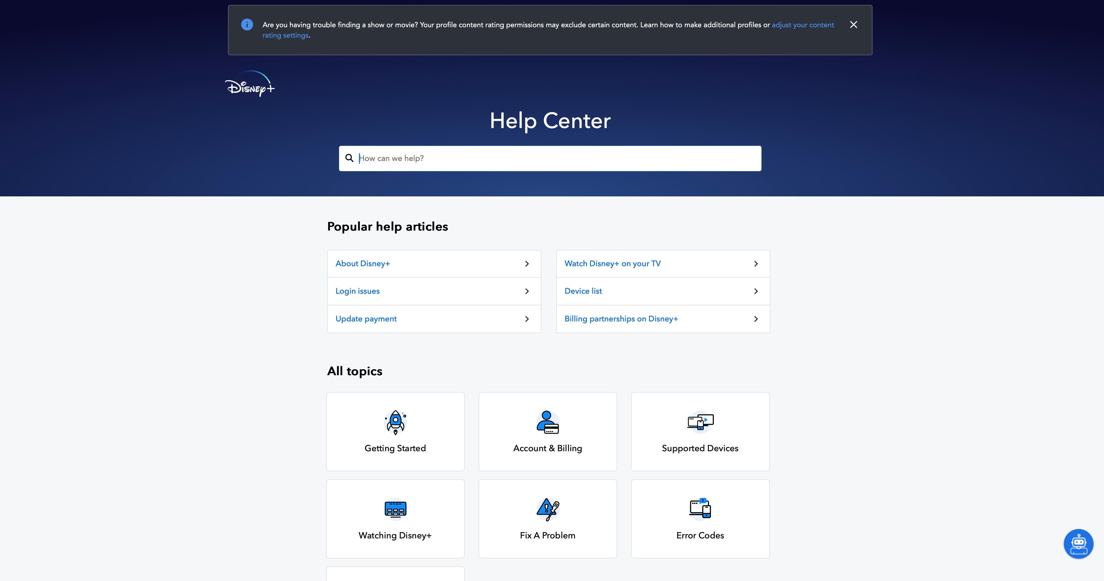 Disney+ Help Center Home page