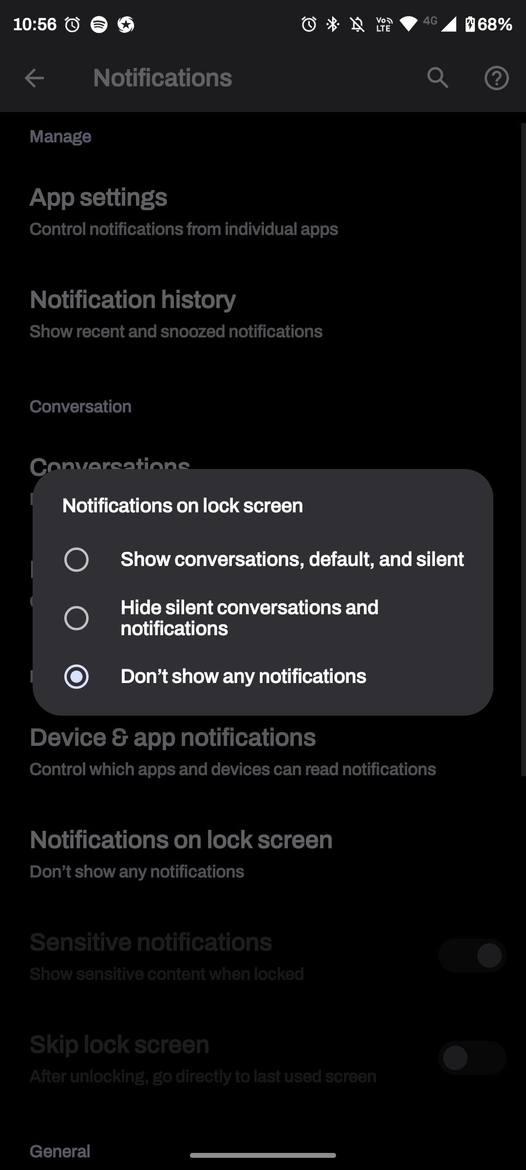 Don't show any notifications selected in notifications on lock screen popup settings