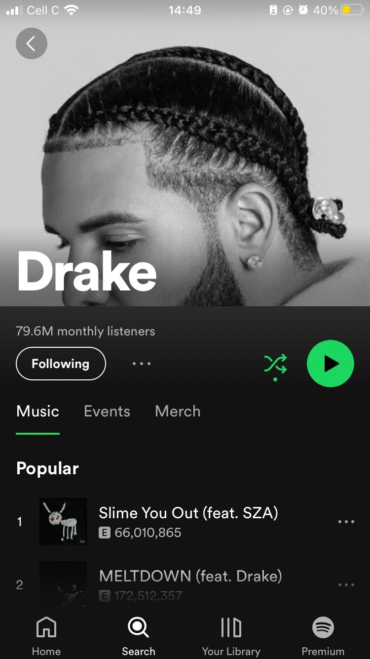 برگه موسیقی در صفحه نمایه هنرمند Drake در Spotify انتخاب شده است