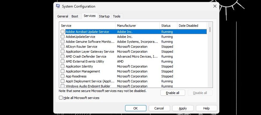 enable all System configuration services
