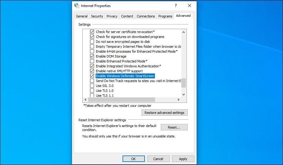 habilitar Windows defender pantalla inteligente Opciones de Internet Windows