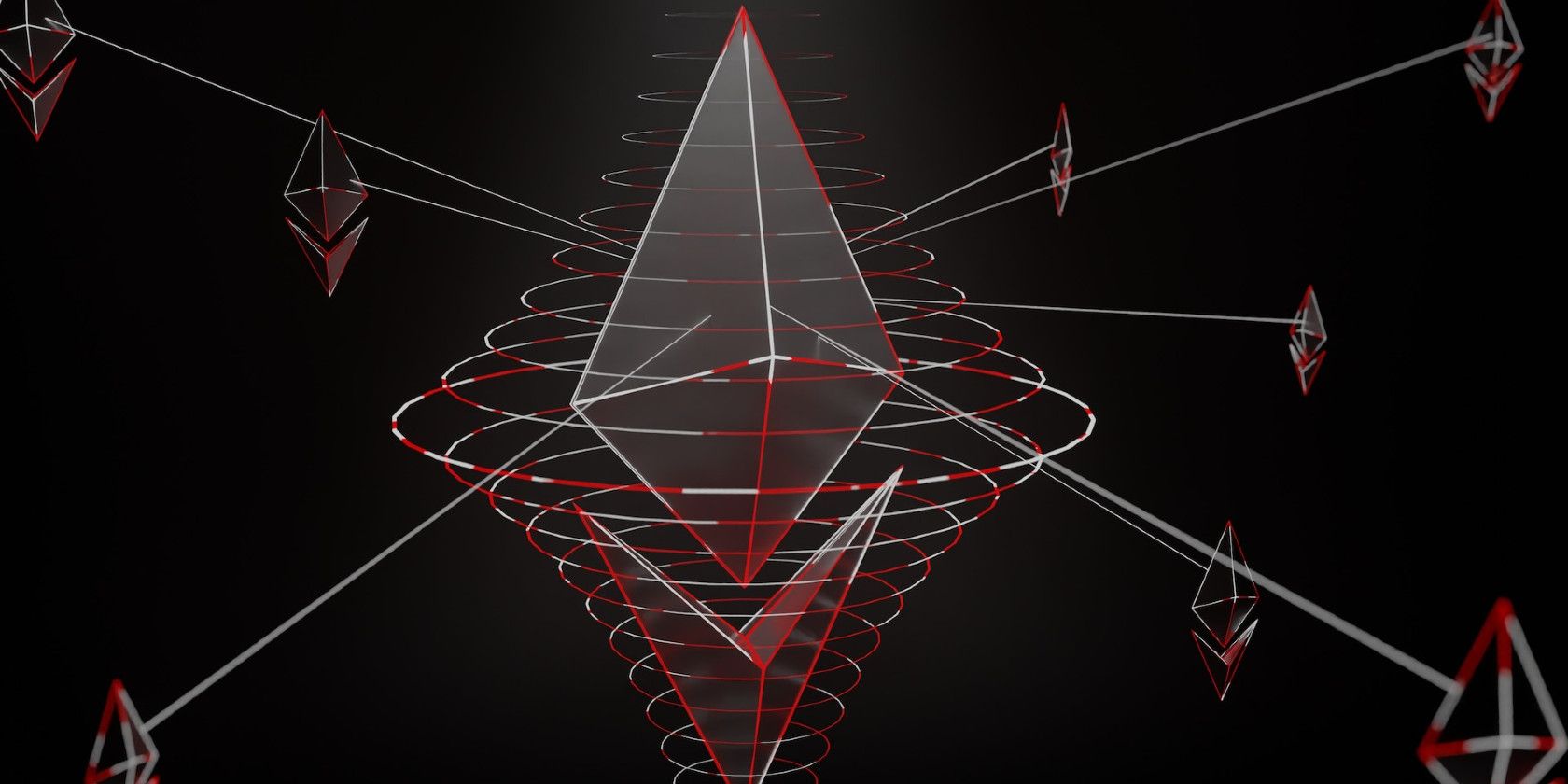 Ethereum blockchain on a black background with red and white lines