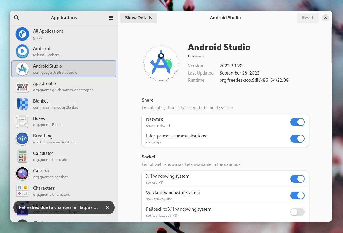 Flatseal اطلاعات Android Studio Flatpak را نمایش می دهد