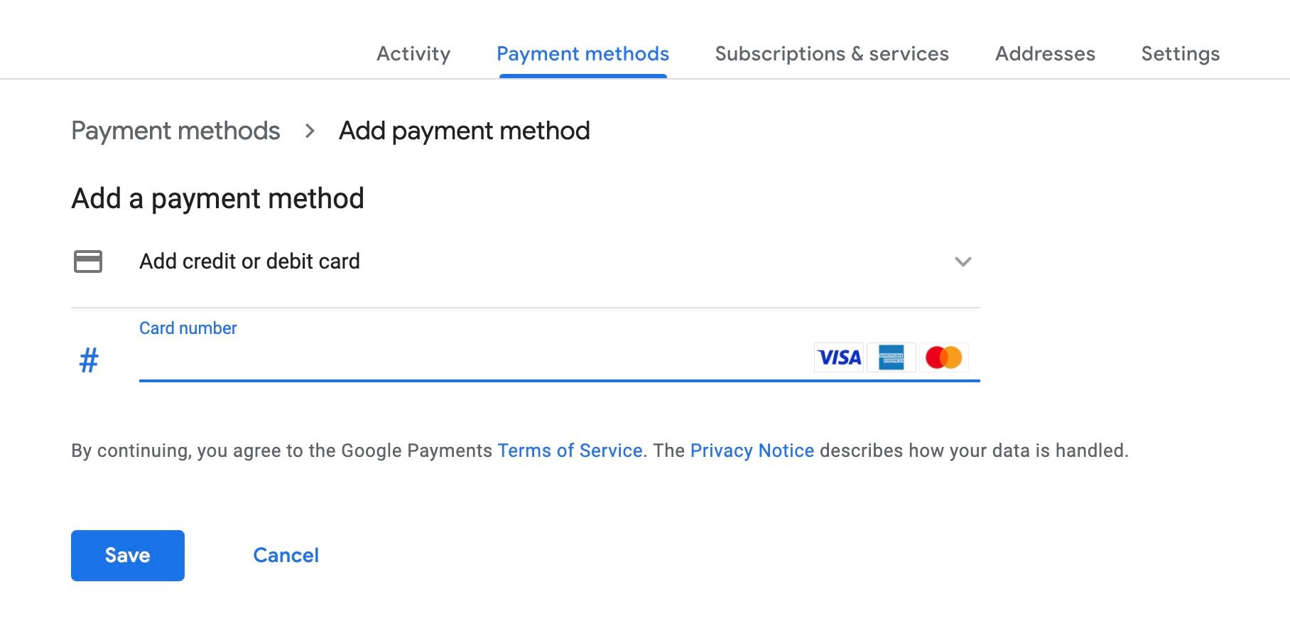 adăugarea unei metode de plată la contul Google