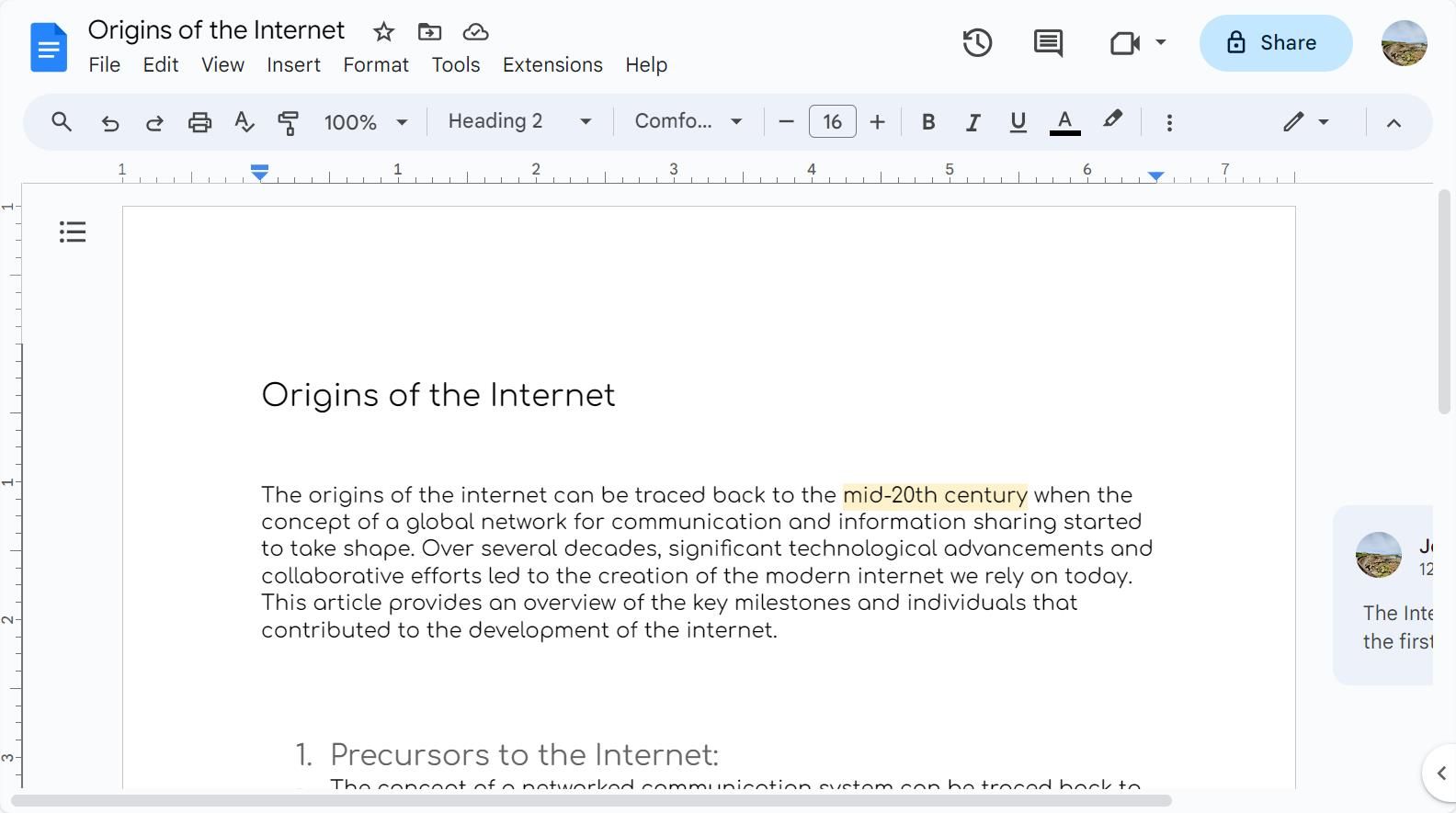 صفحه یادداشت‌های کلاس اینترنت Google Docs