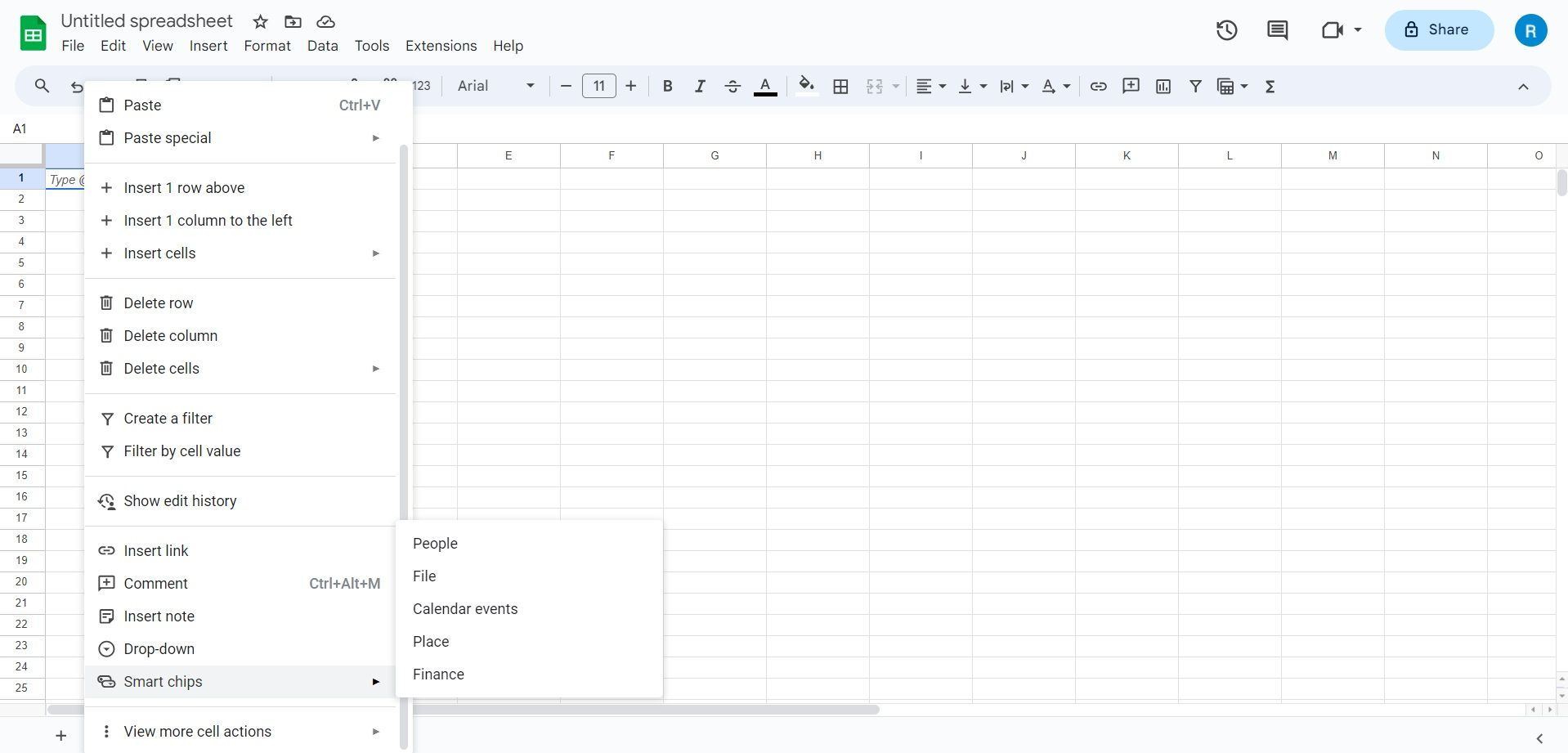 تراشه‌های هوشمند Google Sheets روی گزینه‌های منوی سلولی کلیک راست کنید