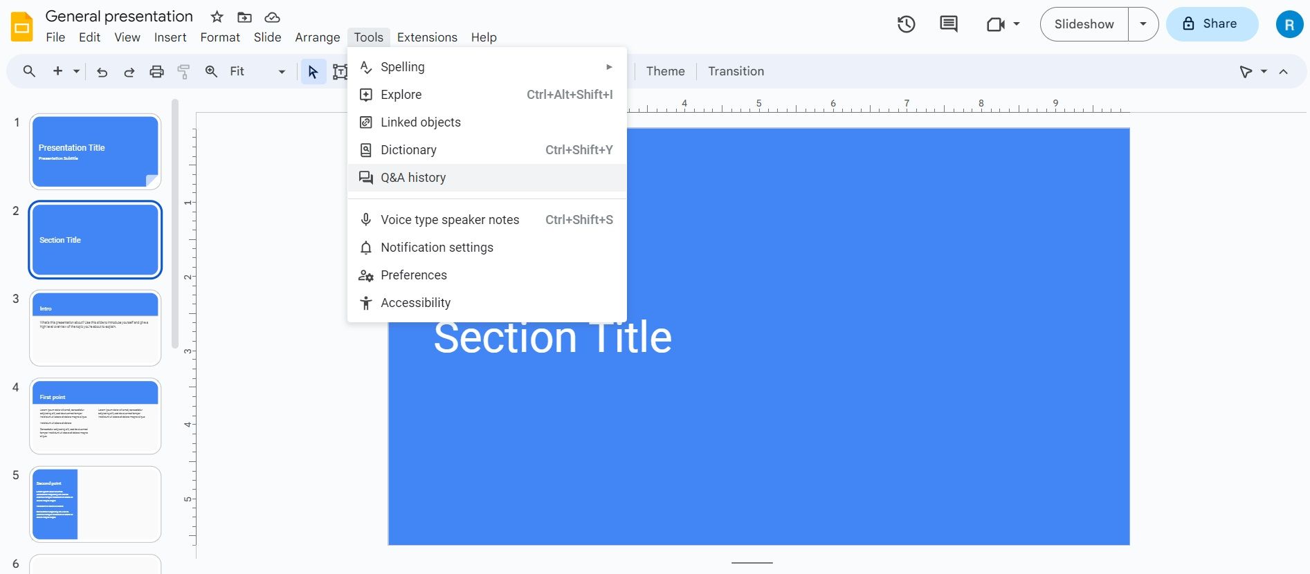 منوی کشویی تاریخچه پرسش و پاسخ Slides Google Slides Session Tools