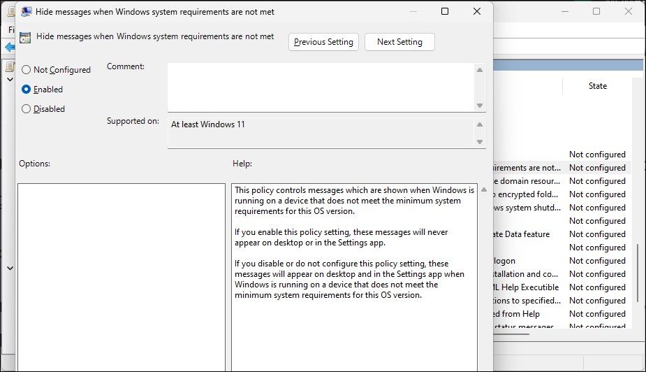 Gruppenrichtlinien-Editor „Nachrichten ausblenden, wenn Windows-Systemanforderungen nicht erfüllt sind“ aktivieren
