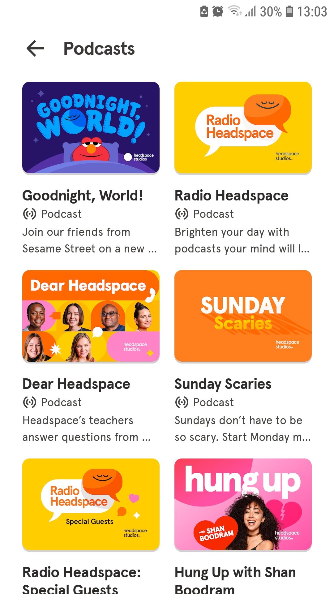 Headspace activity list of podcasts