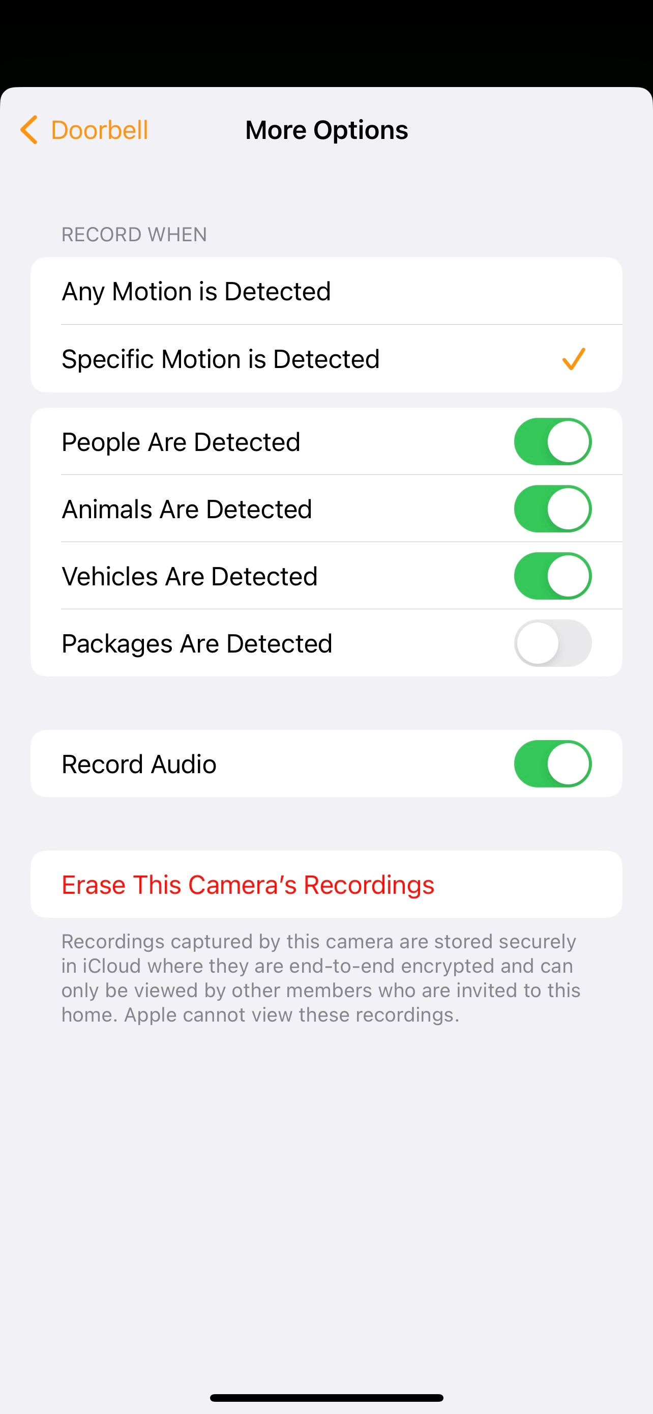 منوی گزینه های بیشتر دوربین برنامه Home iOS 17