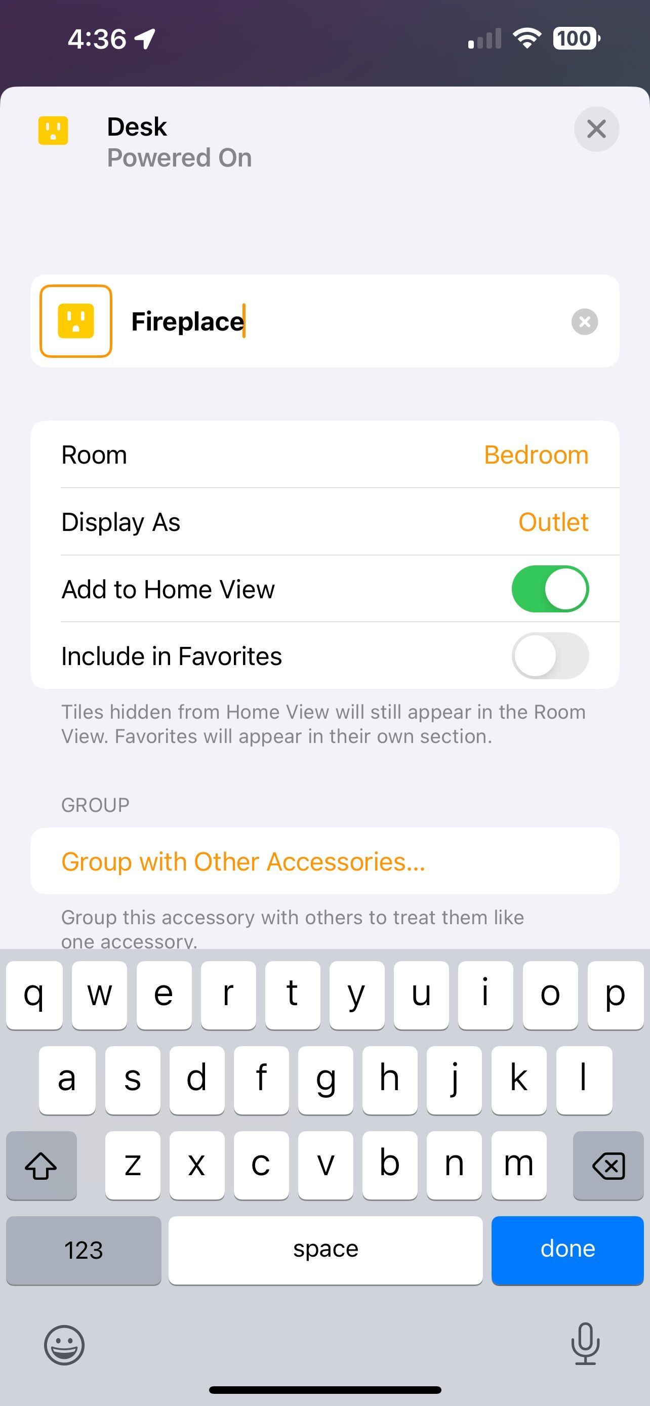 برنامه Home وارد کردن نام دستگاه با استفاده از صفحه کلید iOS