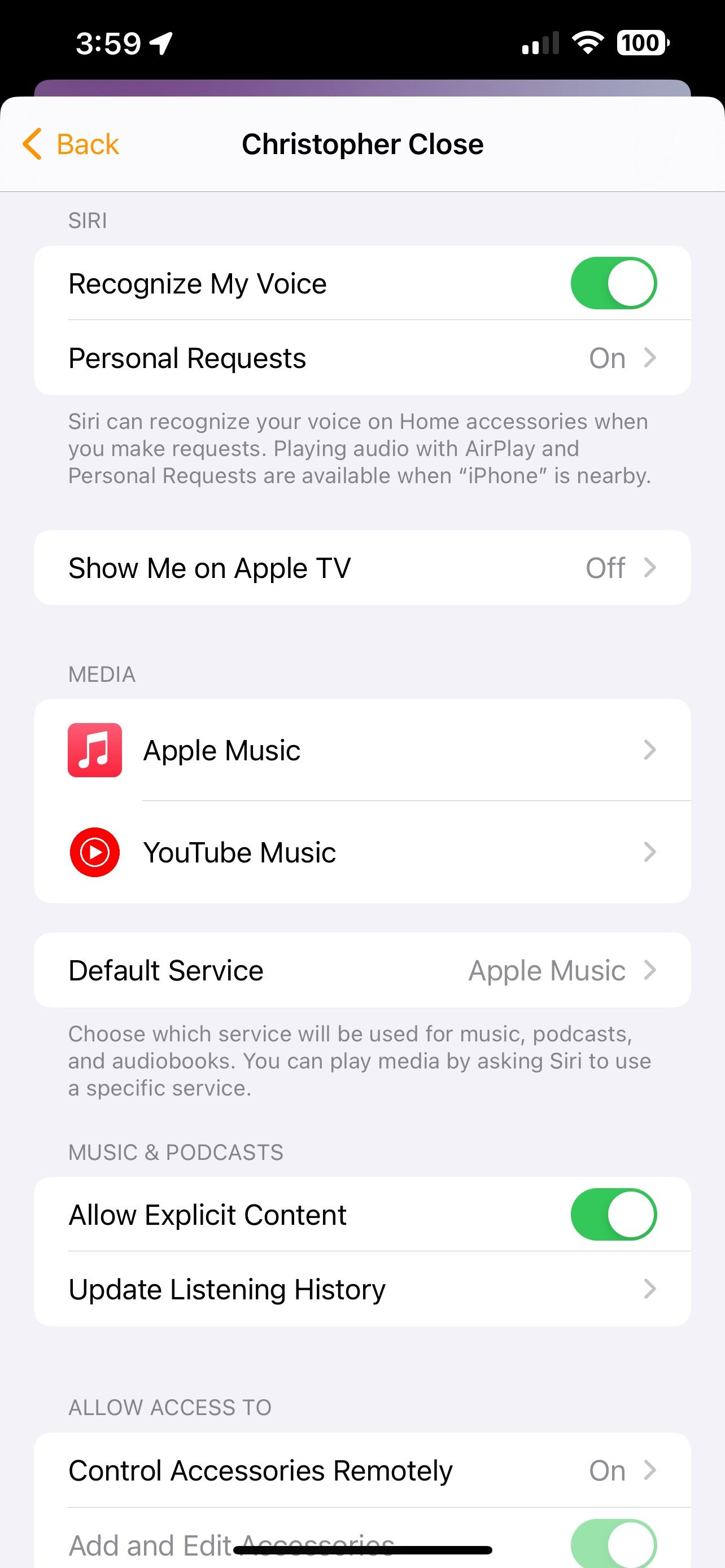 تنظیمات حساب کاربری برنامه Home iOS 17 با YouTube Music