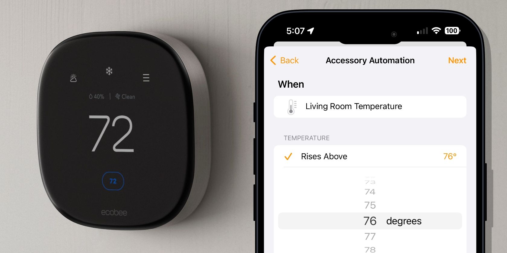 Apple Home App Temperature Automation Displayed on an iPhone Next to an ecobee Thermostat
