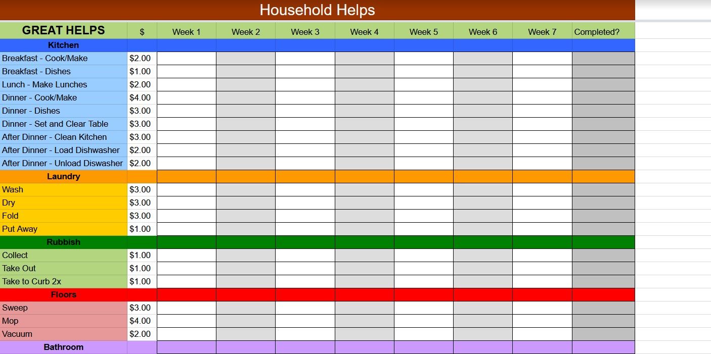 Household Chore Tracker Template on Google Sheets