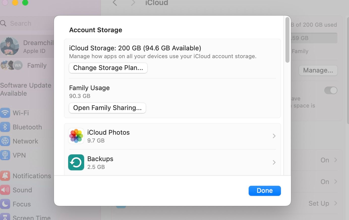 iCloud Account Storage managemet pop-up window on macOS