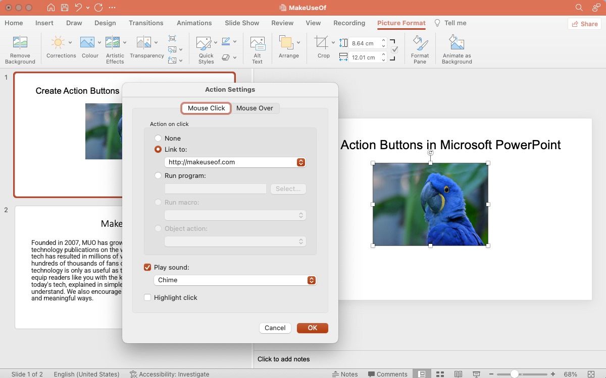 Диалогов прозорец за настройки на действие с изображение на слайда, използвано като бутон за действие