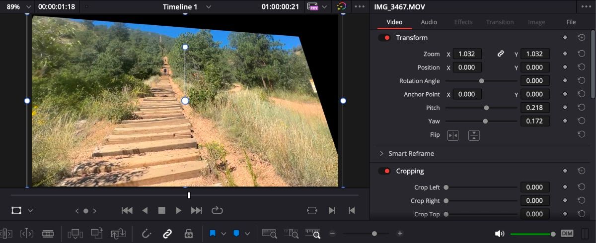 Image of stairs with Yaw and Pitch effects on DaVinci Resolve