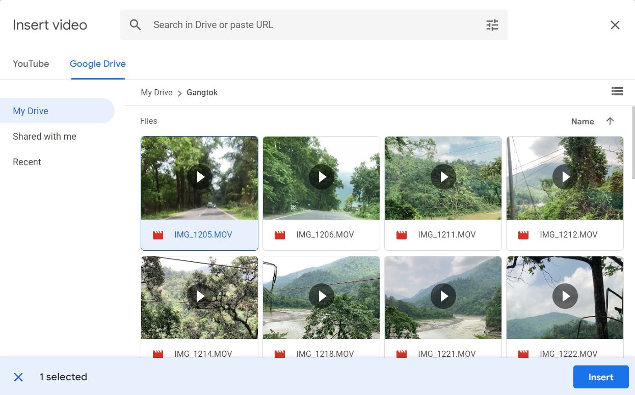 Opción de inserción para insertar un vídeo que no sea de YouTube en Presentaciones de Google