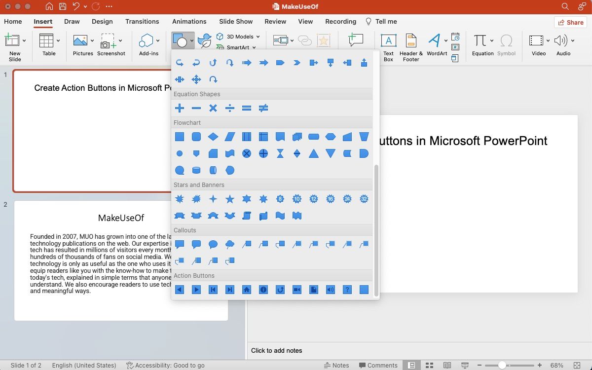 Inserting a shape from various options available in the ribbon on PowerPoint