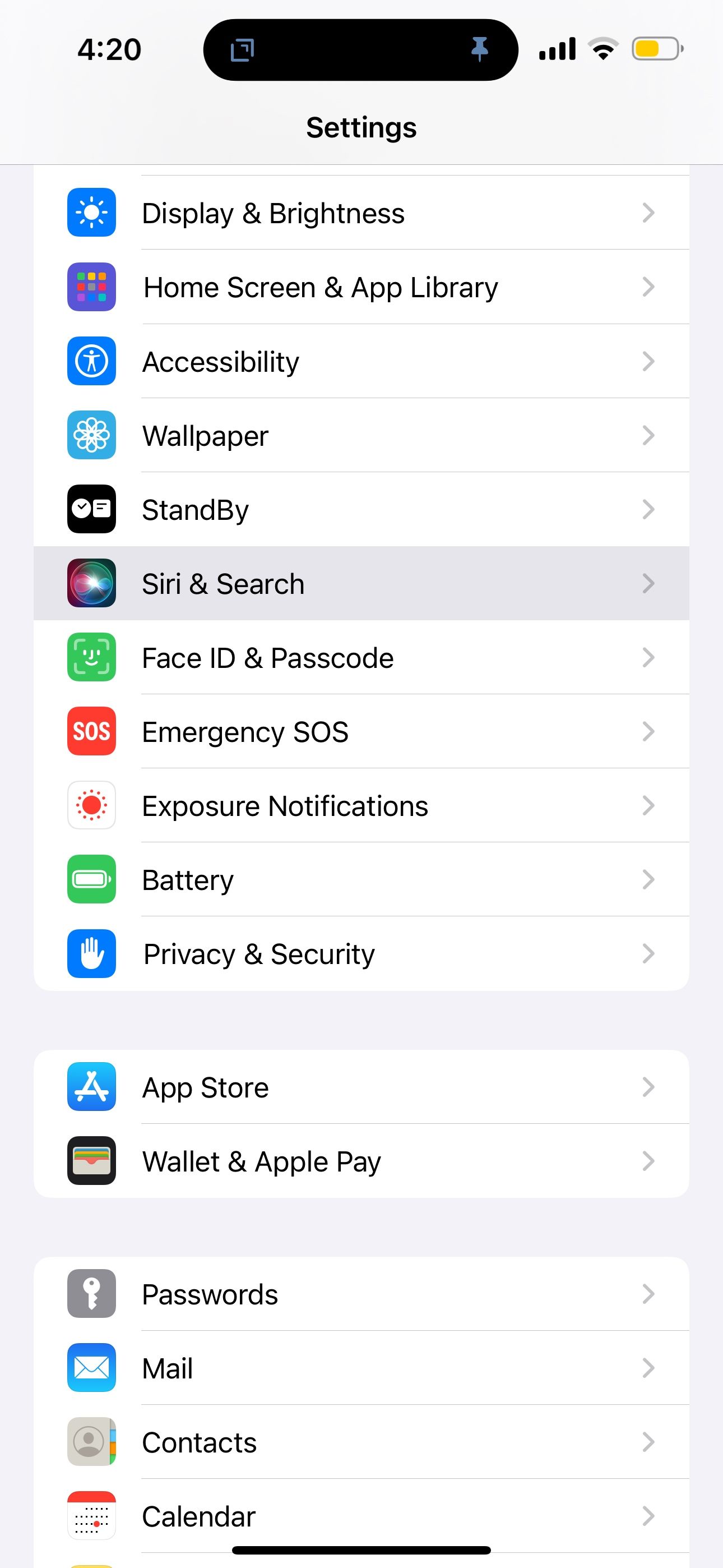 iPhone settings showing Siri & Search selected