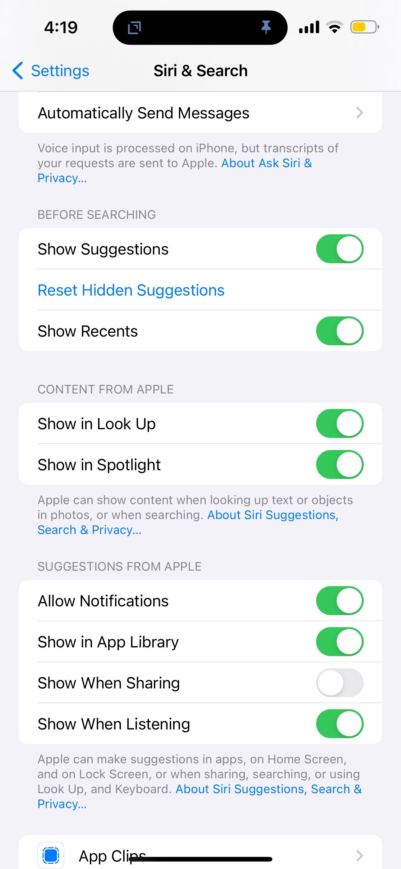 iPhone siri search settings with Show When Sharing toggle off