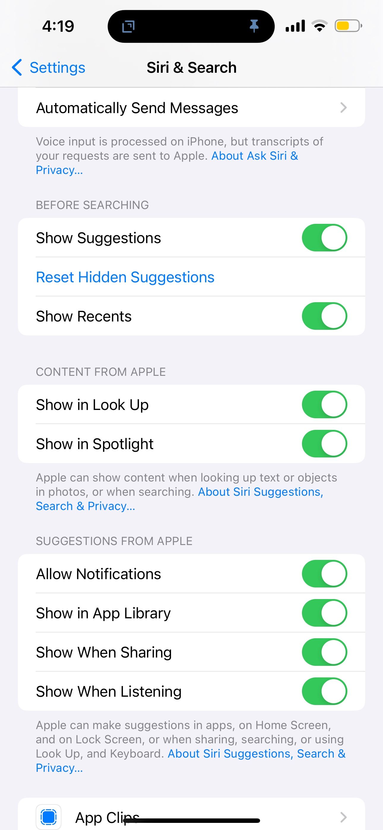 iPhone siri search settings with Show When Sharing toggle on