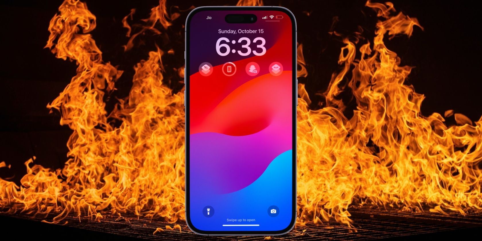 iPhone with fire in the background