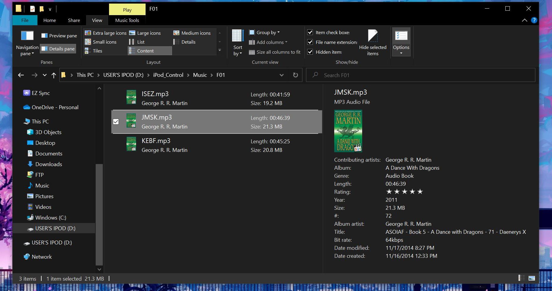 Itunes Nano example tag information on Windows