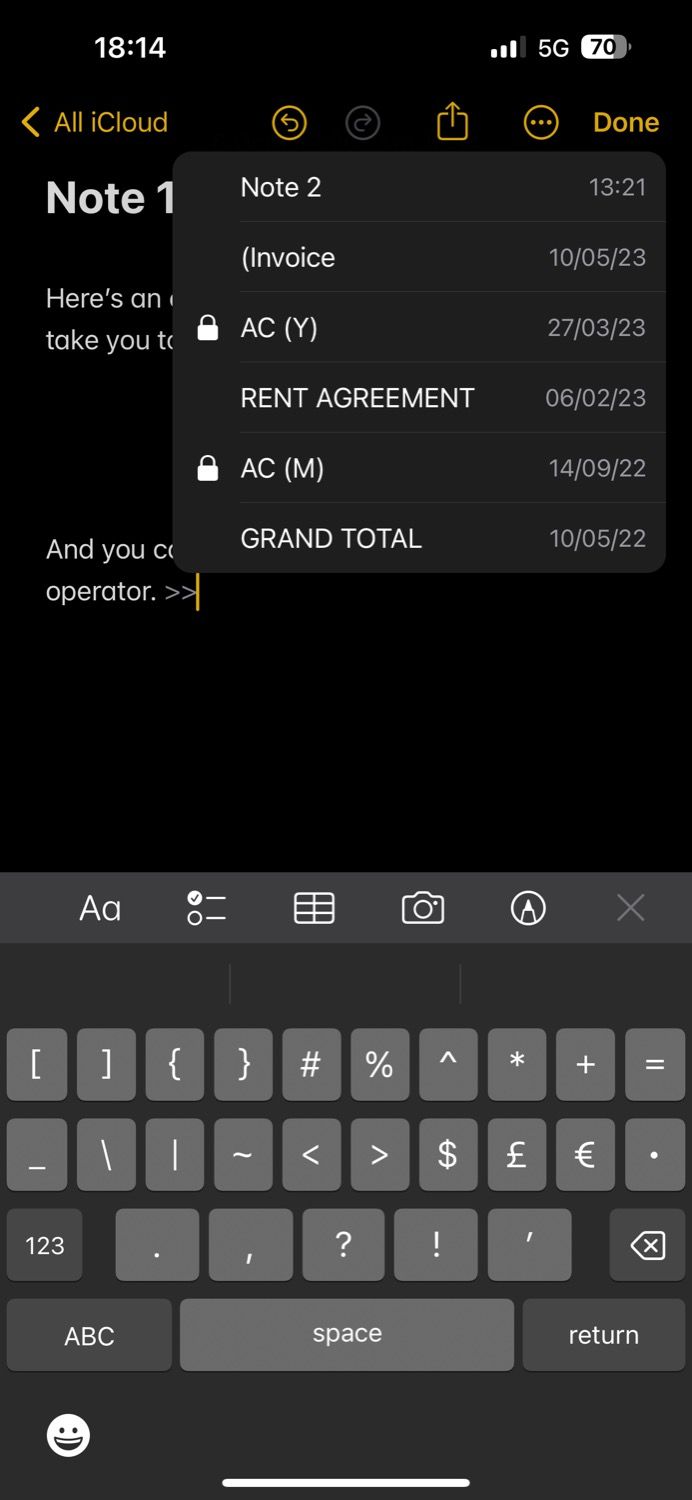 استفاده از اپراتور برای پیوند یادداشت در Apple Notes