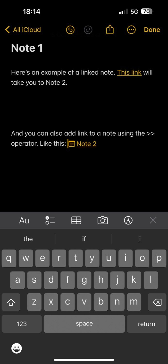 یادداشت با استفاده از اپراتور در Apple Notes در iPhone پیوند داده شده است
