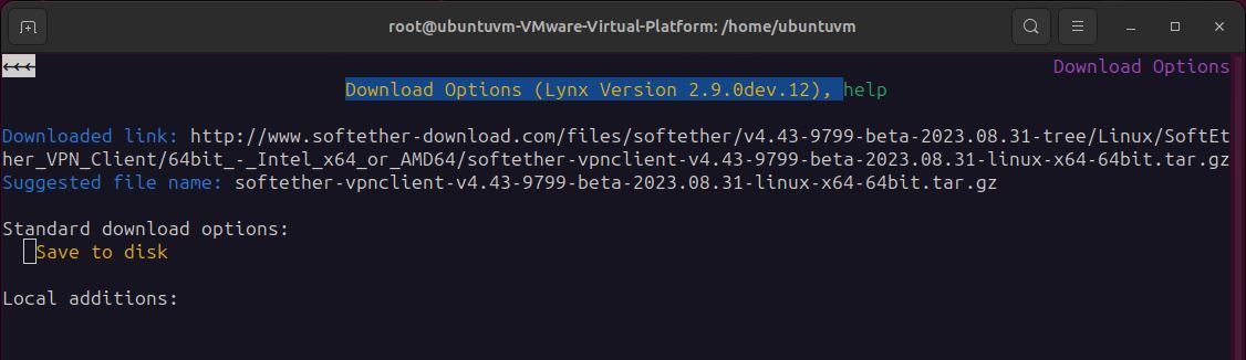 Linux terminal with lynx browser displaying softether vpnclient