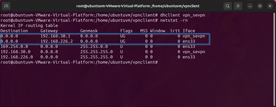 Linux terminal showing result of netstat rn command and routing table