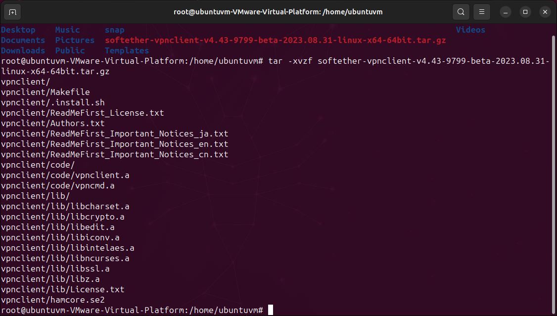 Linux terminal displaying tarball extract and make command for softether vpn client