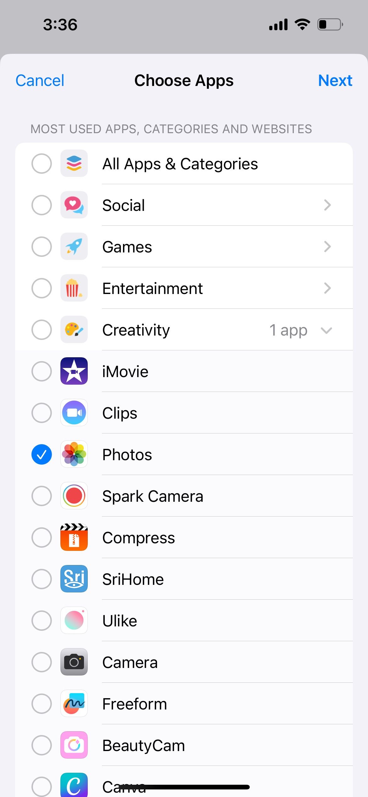 list of apps for screen time app limit