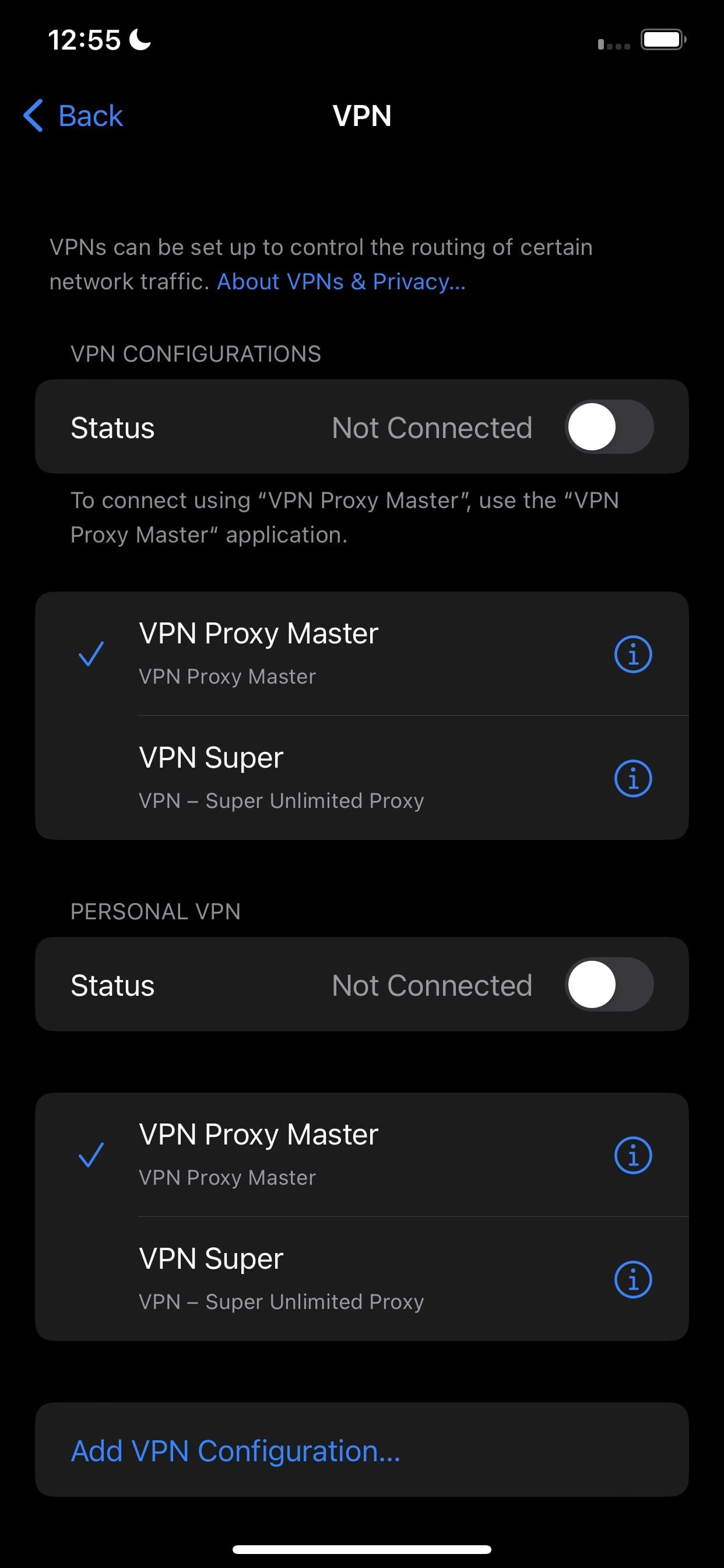 تعیین مکان نمایه VPN که قصد حذف آن را در تنظیمات VPN و مدیریت دستگاه آیفون داریم