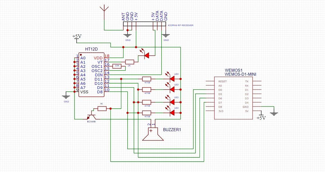 Circuit diagram for attaching a D1 Mini board to the receiver circuit