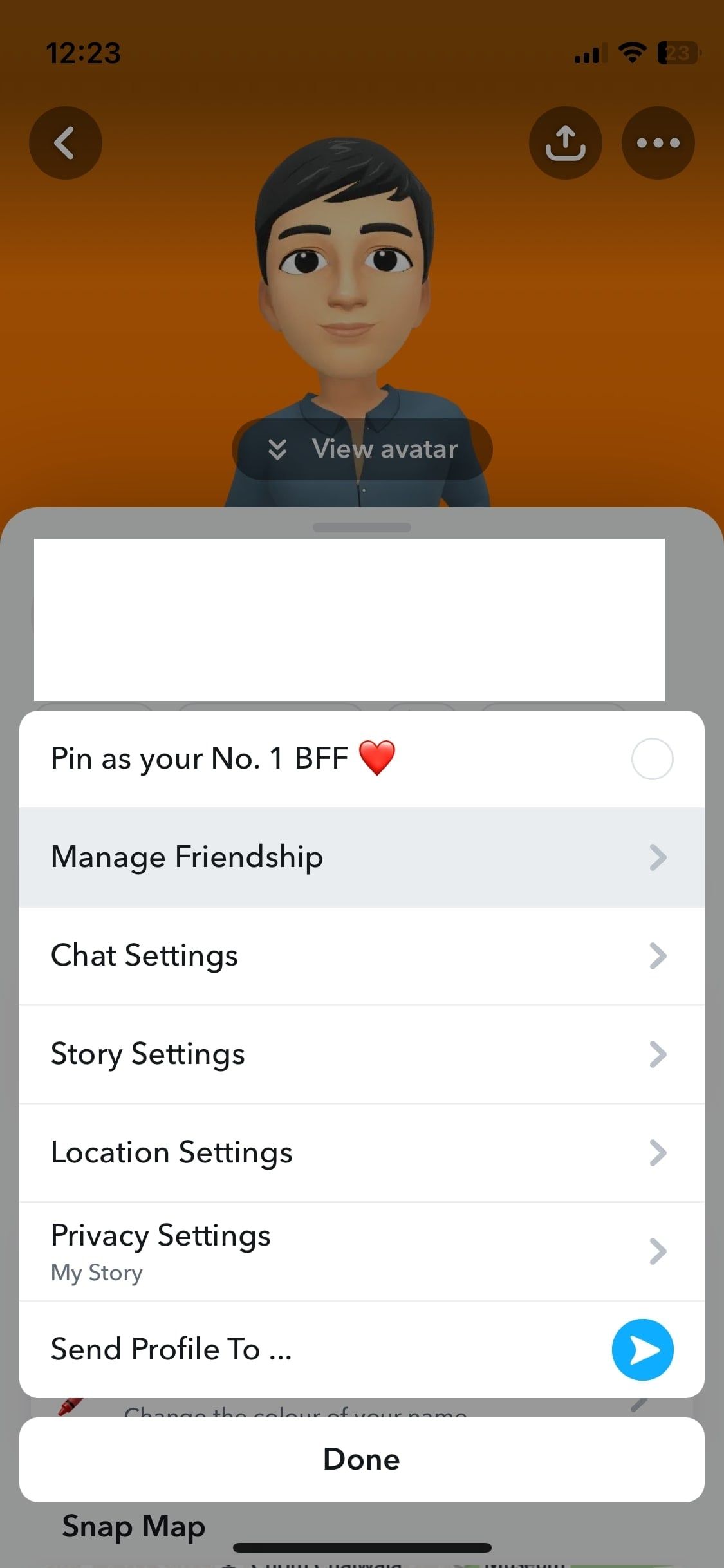 manage friendship option on Snapchat