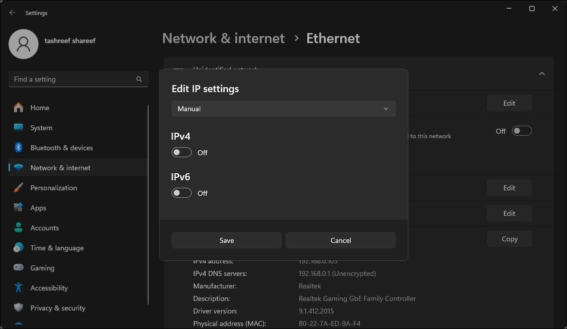 Manuelle IP-Zuweisung Ethernet Windows 11-Einstellungen
