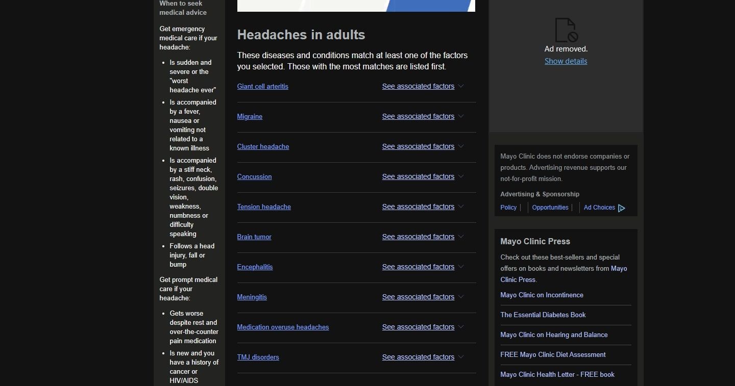 screenshot of mayo clinic symptom search results