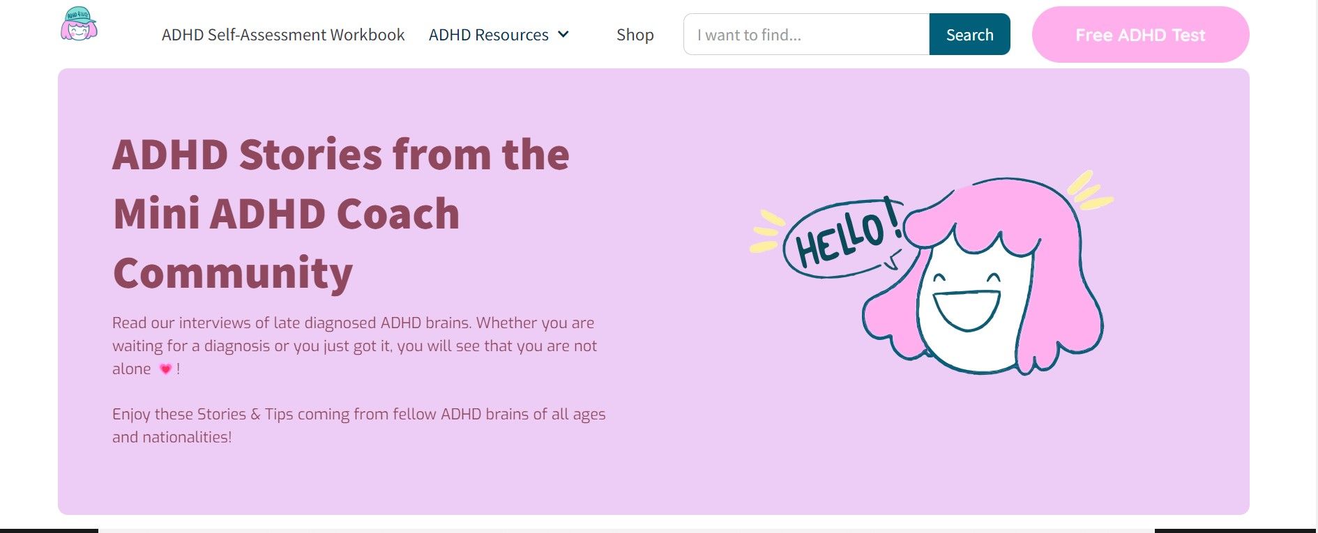 Secțiunea de poveste de pe site-ul web The Mini ADHD Coach