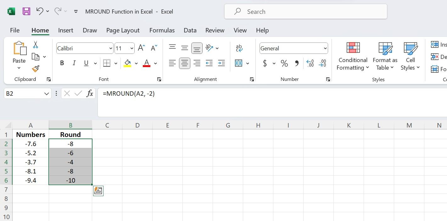 گرد کردن اعداد منفی با استفاده از MROUND اکسل