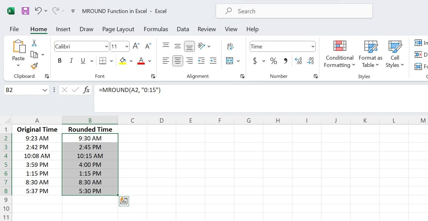 گرد کردن مقادیر زمان با استفاده از MROUND در اکسل