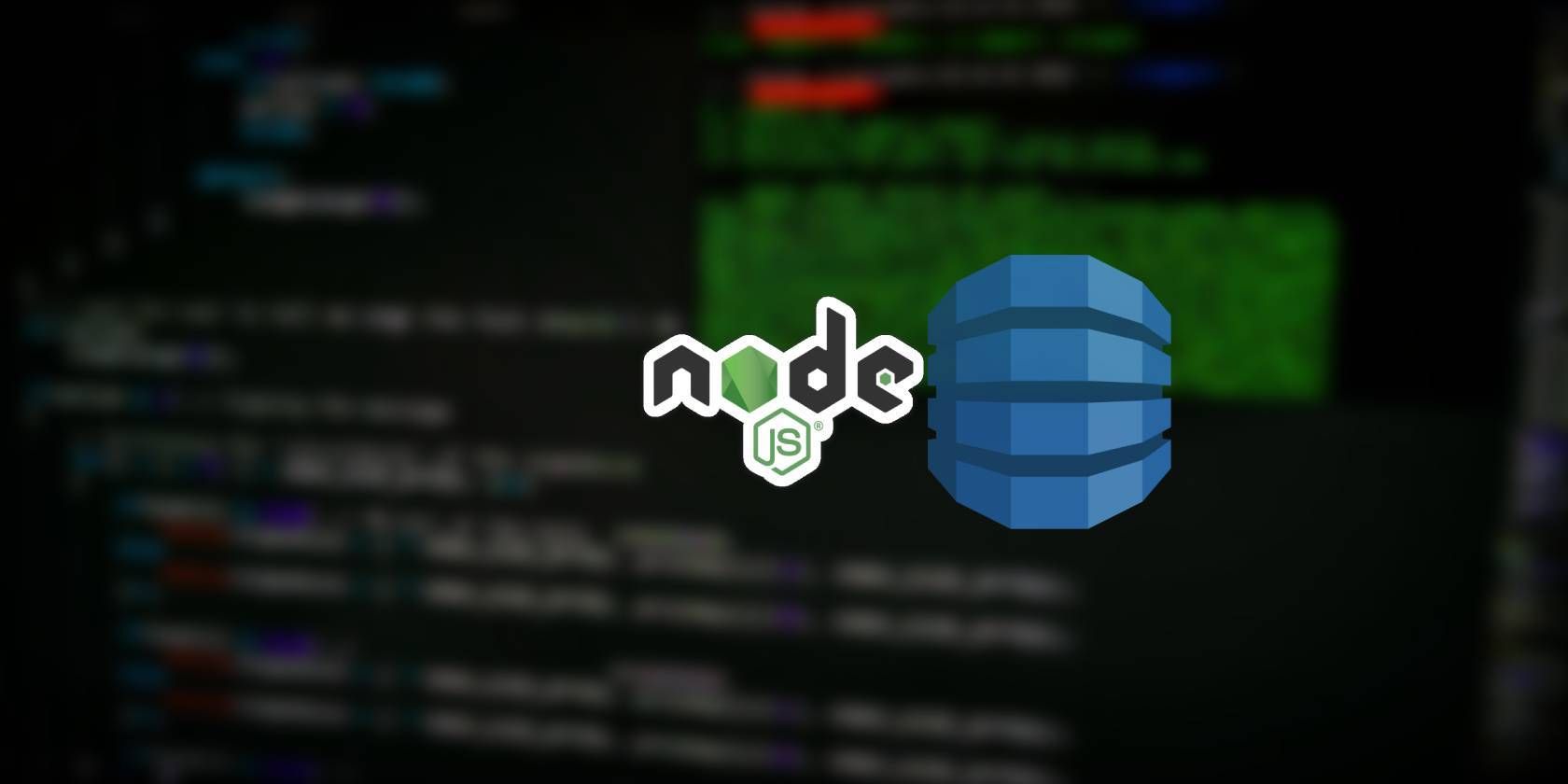 Node.js and DynamoDB logo on a blurred coding screen background