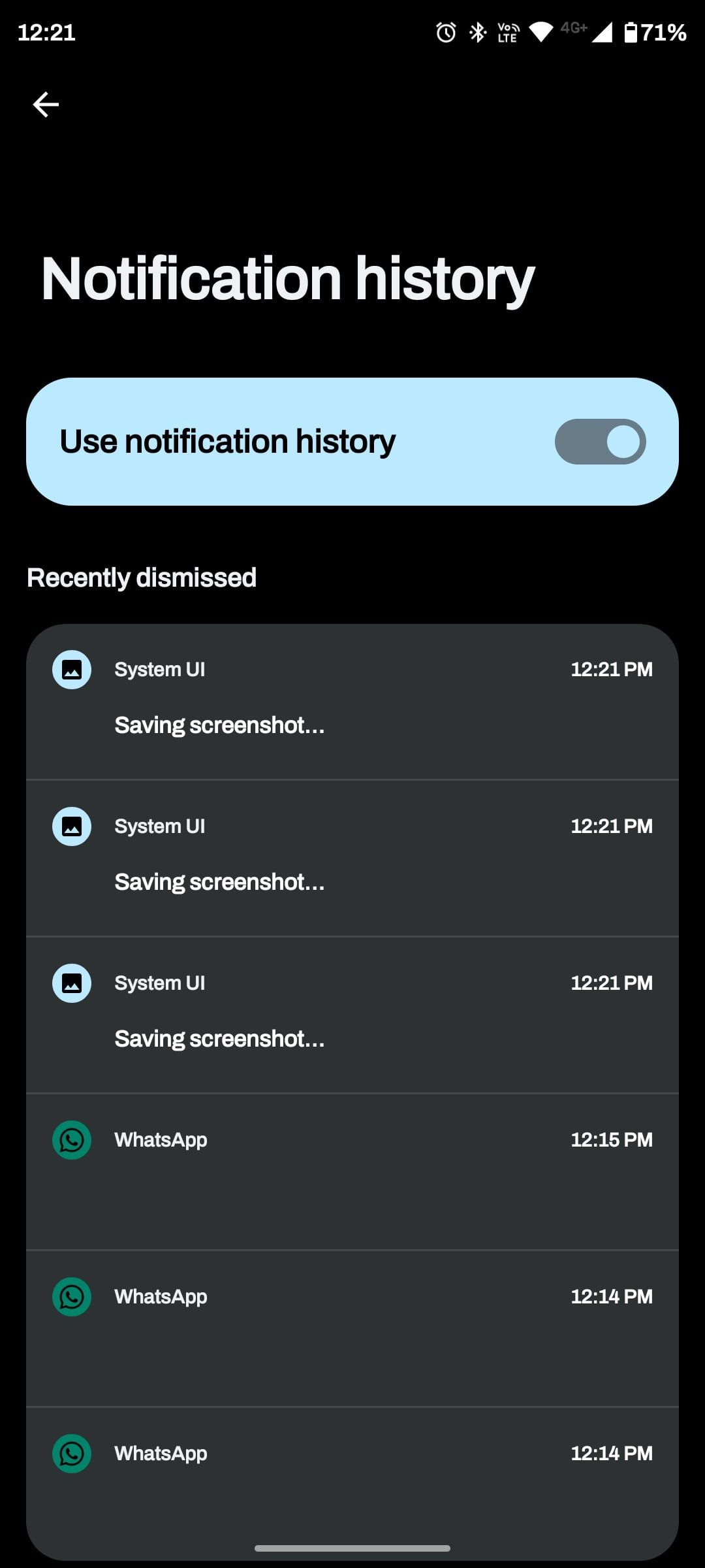Notification history toggled on in notification history settings