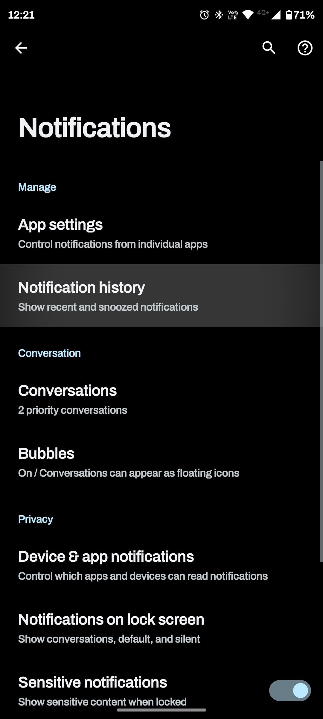 Notification history selected in notifications settings menu