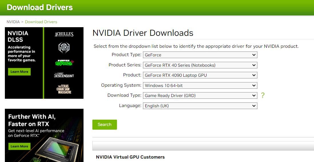 صفحه دانلود درایور NVIDIA