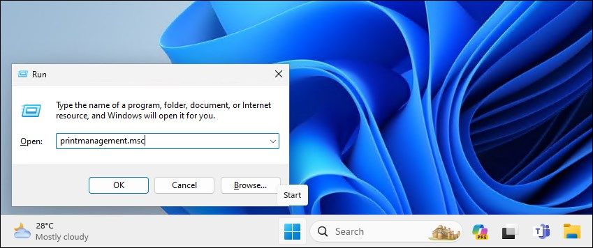 Otwórz Zarządzanie drukowaniem za pomocą okna dialogowego Uruchom w systemie Windows 11