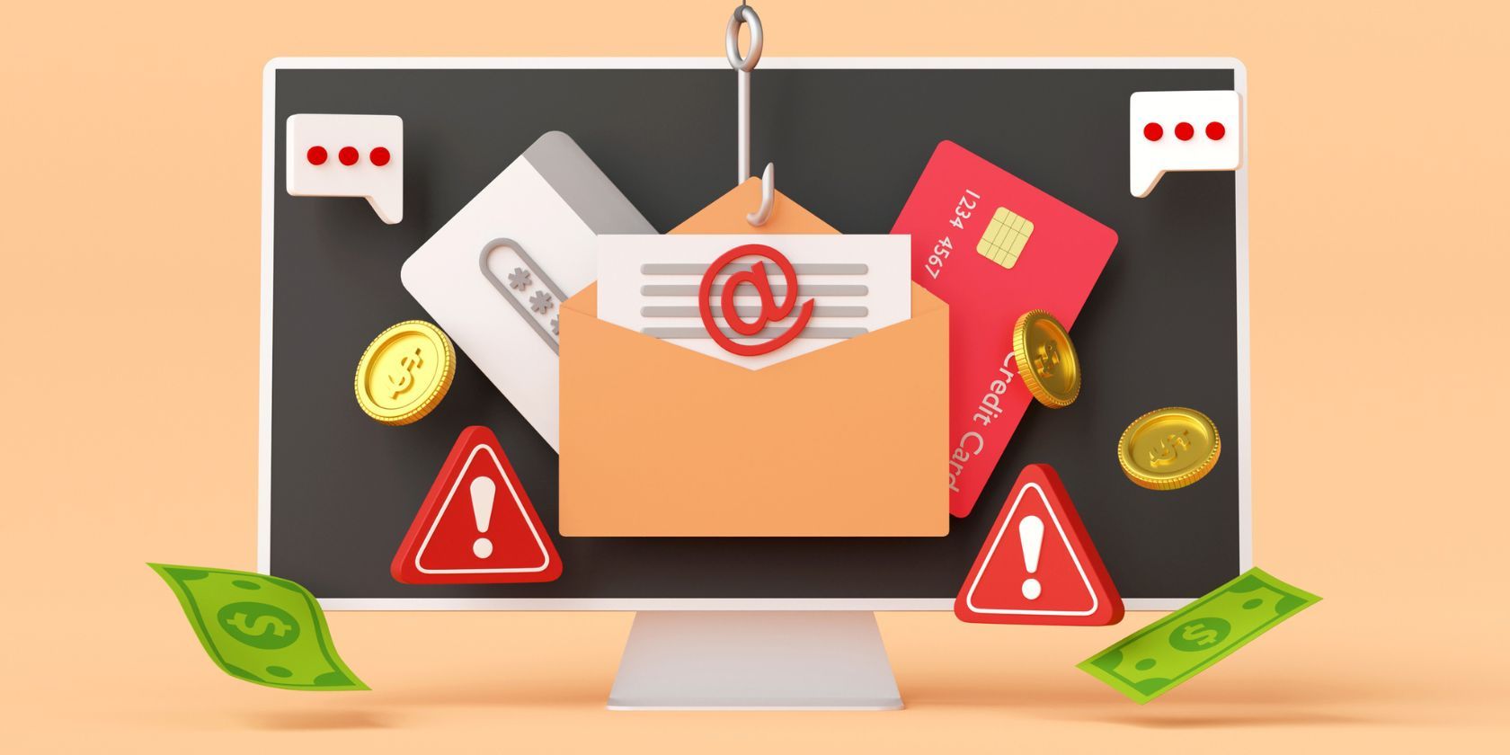 digital graphic of phishing hook, dollars, and alert icons surrounding computer screen