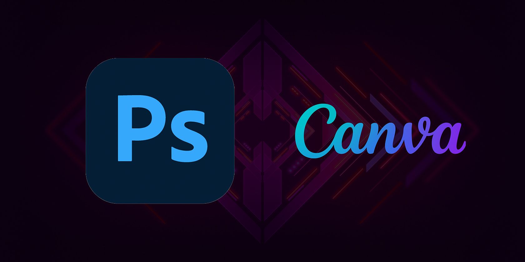 Photoshop and Canva logos on arrow background
