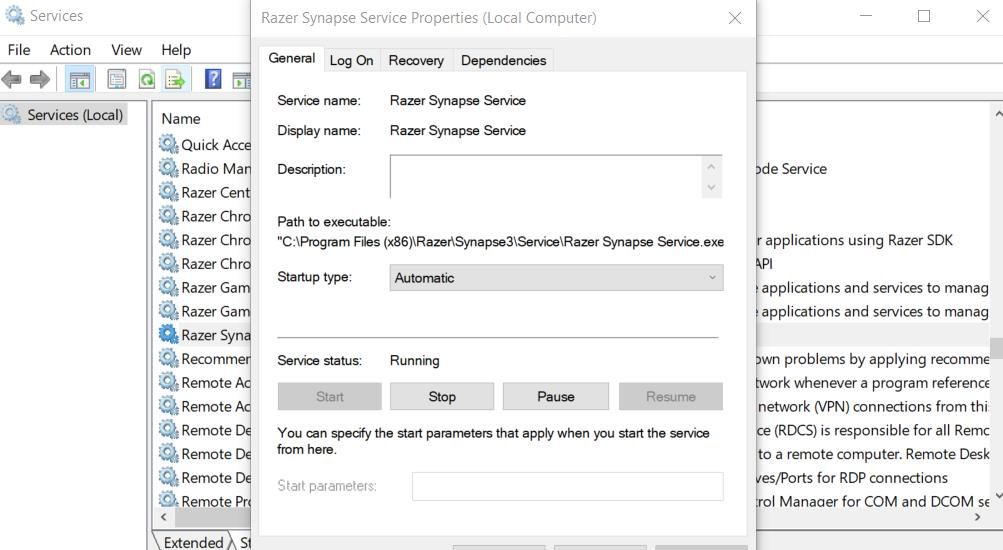 Окно Свойств службы Razer Synapse 